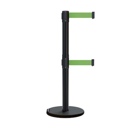 Retractable Belt Dbl Roller Stanchion, 2.5ft Black Post  11ft. Lt Grns